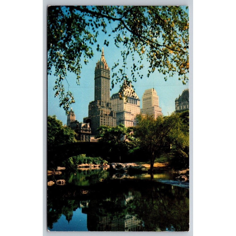 Vtg NYC Postcard Central Park Gapstow Bridge Fifth Avenue Hotels Mainzer AM-553